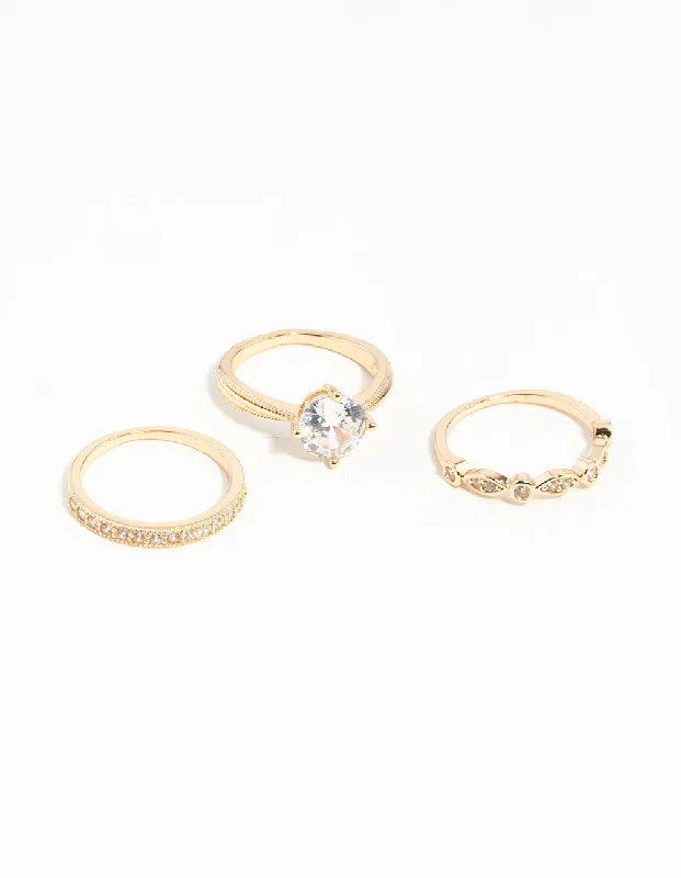 Gold Round Cubic Zirconia Ring Stack