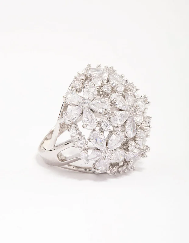 Rhodium Flower Dome Cocktail Ring