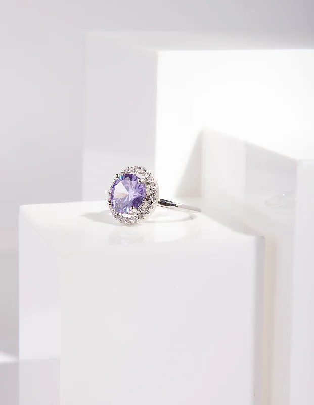 Rhodium Purple Cubic Zirconia Diamante Ring