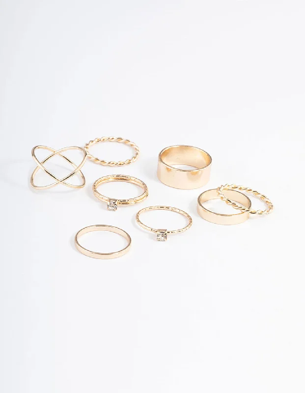 Gold Thick & Diamante Stack Ring 8-Pack