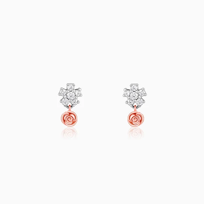 Silver And Rose Gold Studded Rose Earrings