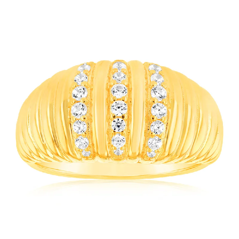 Sterling Silver Gold Plated Zirconia Polished Ribbed Ring