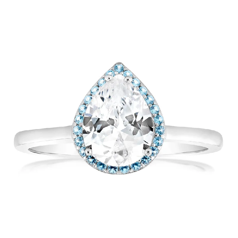 Sterling Silver Rhodium Plated Pear Shaped Blue And White Zirconia Ring