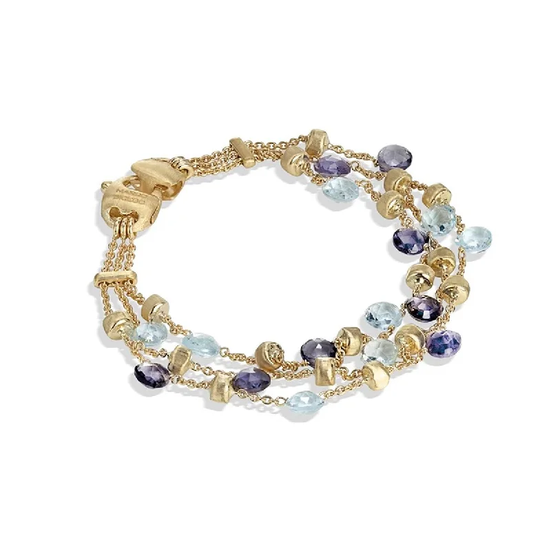 18K Yellow Gold Iolite and Blue Topaz Three Strand Bracelet