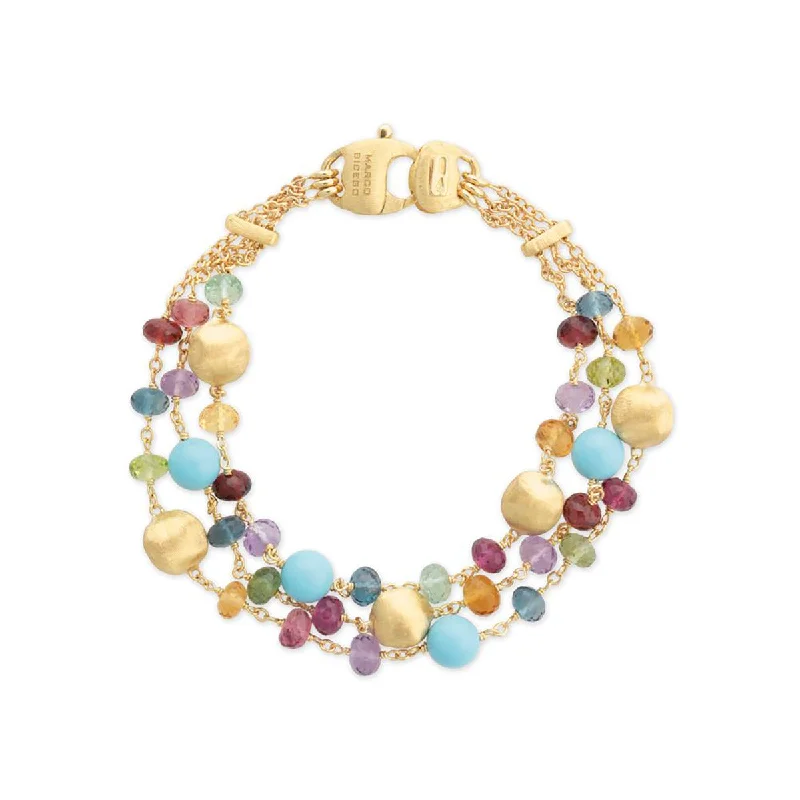 18K Yellow Gold Mixed Gemstone and Turquoise Triple Strand Bracelet