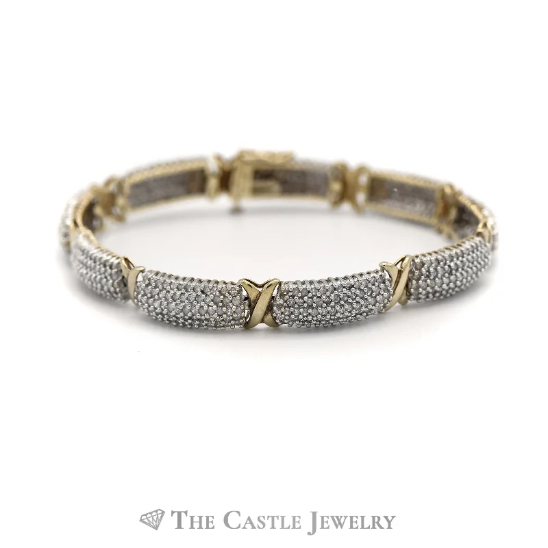 3cttw Round Diamond Cluster Bracelet with "X" Links in 10k Yellow Gold