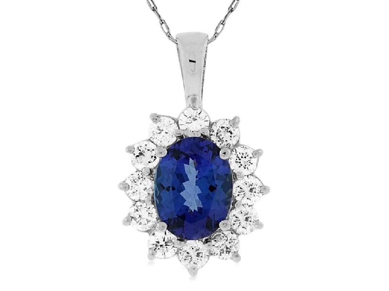 Bremer Jewelry 14K White Gold Oval Shape Tanzanite and Diamond Halo Pendant with a 14K White Gold Link Necklace (3.00ctw)