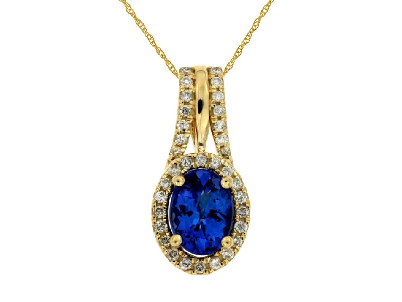 Bremer Jewelry 14K Yellow Gold Oval Shape Tanzanite and Diamond Drop Pendant with a 14K Yellow Gold Rope Necklace (1.54ctw)