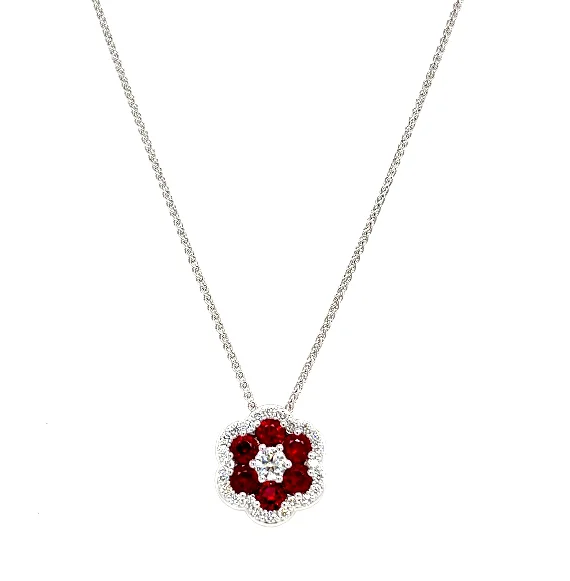 Bremer Jewelry 18K White Gold Rubies and Diamond Cluster Necklace (1.93ctw)