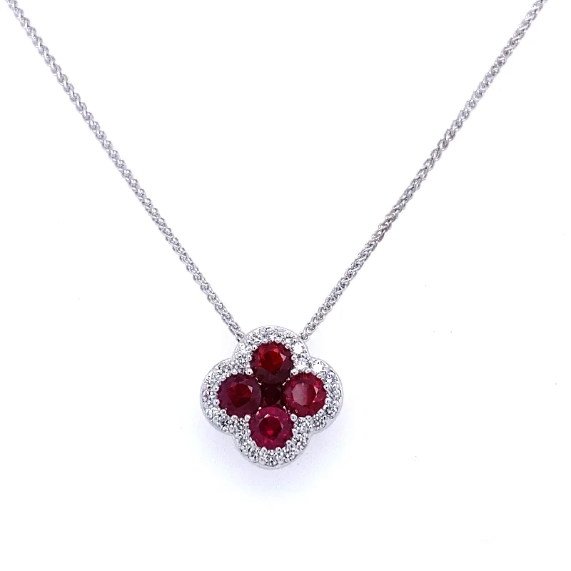 Bremer Jewelry 18K White Gold Rubies and Diamonds Cluster Necklace (1.51ctw)