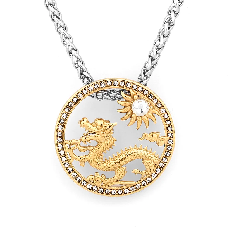 Stainless Steel Round Dragon Sun Medallion CZ Pendant Necklace